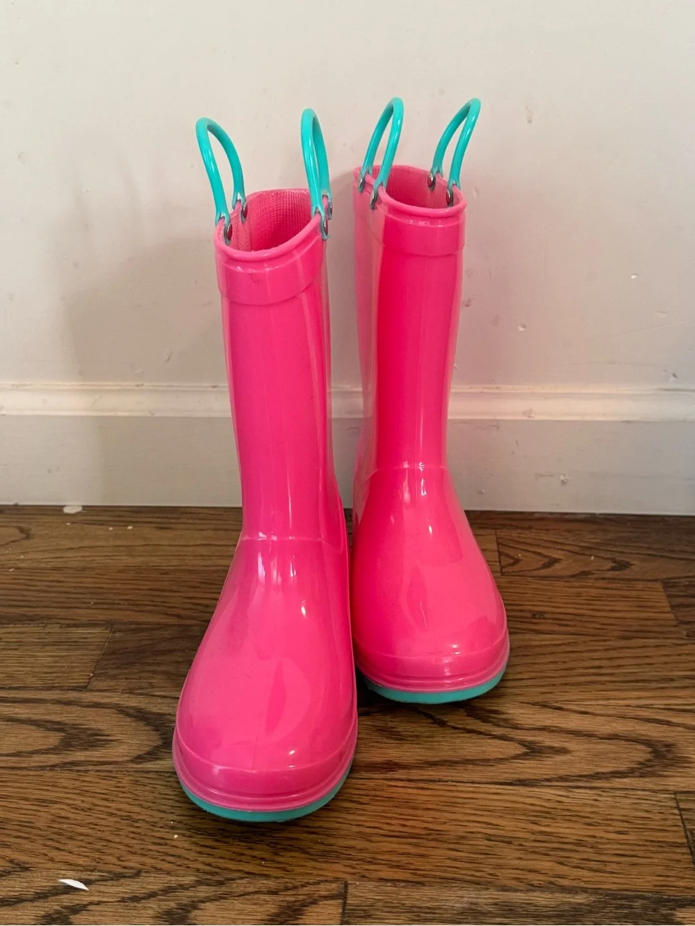 Bright Pink Kids Rain Boots with turquoise Handles